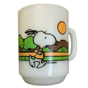 Vintage Snoopy 1950s Milk Glass Mug Keeping Fit Is Hard Work Anchor Hocking